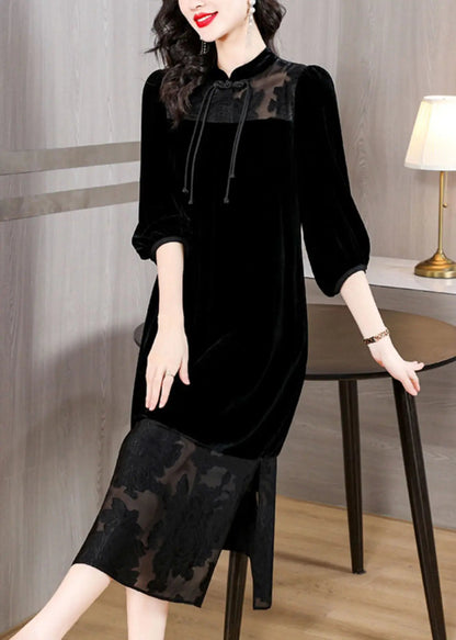 Loose Black Tulle Patchwork Side Open Silk Velour Dress Bracelet Sleeve Ada Fashion