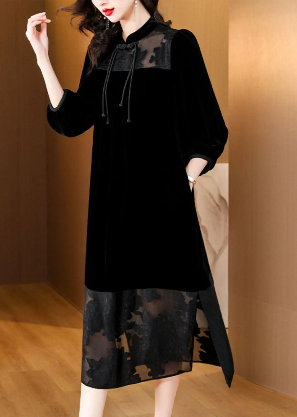 Loose Black Tulle Patchwork Side Open Silk Velour Dress Bracelet Sleeve Ada Fashion