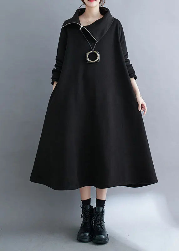 Loose Black Turtleneck Fleece Dress Long Dresses Long Sleeve Ada Fashion