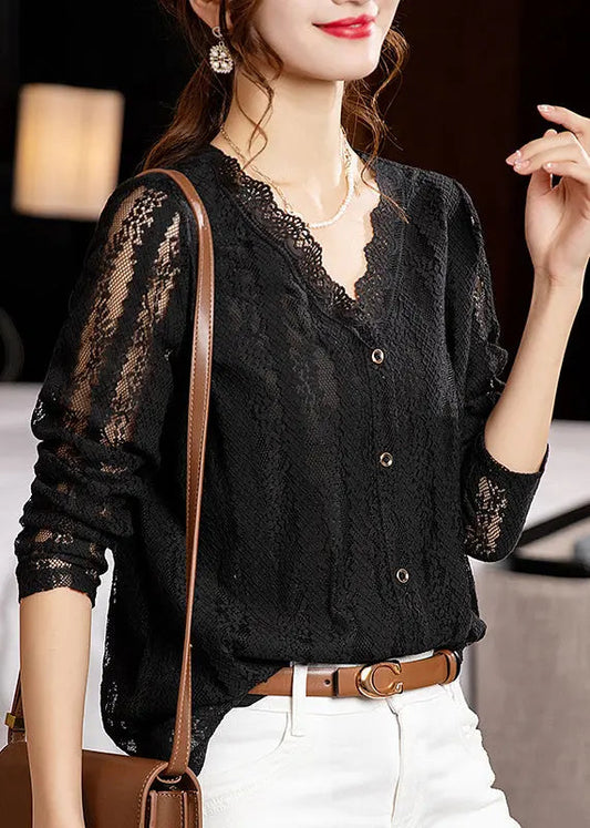 Loose Black V Neck Hollow Out Patchwork Lace Tops Long Sleeve Ada Fashion