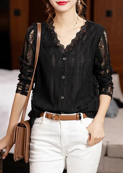 Loose Black V Neck Hollow Out Patchwork Lace Tops Long Sleeve Ada Fashion