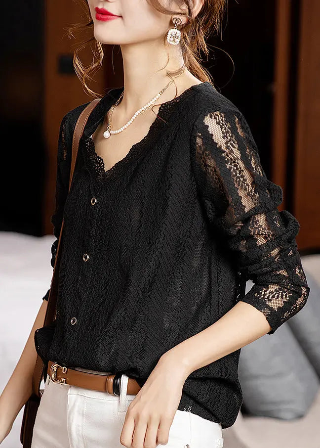 Loose Black V Neck Hollow Out Patchwork Lace Tops Long Sleeve Ada Fashion