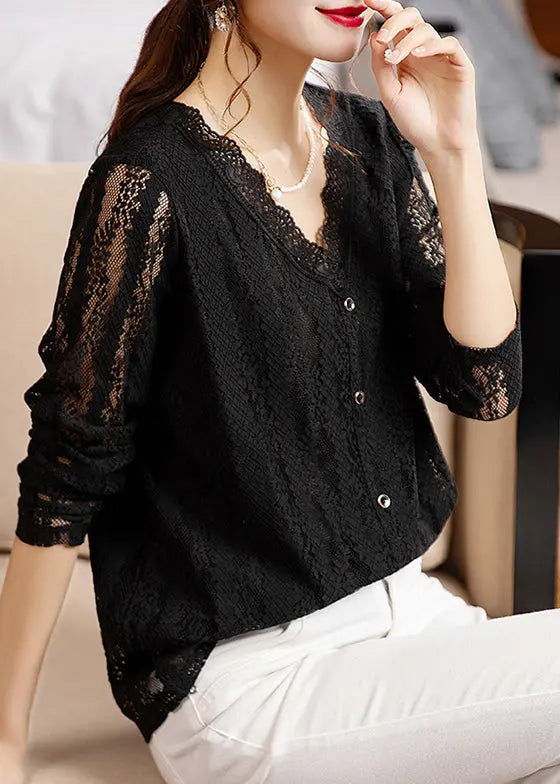 Loose Black V Neck Hollow Out Patchwork Lace Tops Long Sleeve Ada Fashion