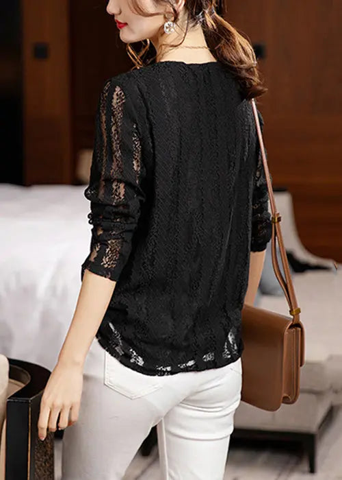 Loose Black V Neck Hollow Out Patchwork Lace Tops Long Sleeve Ada Fashion