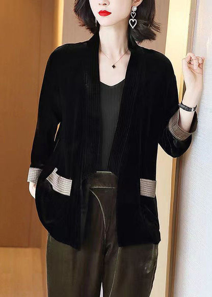 Loose Black V-Neck Pockets Patchwork Silk Velour Cardigans Bracelet Sleeve TF1038 - fabuloryshop