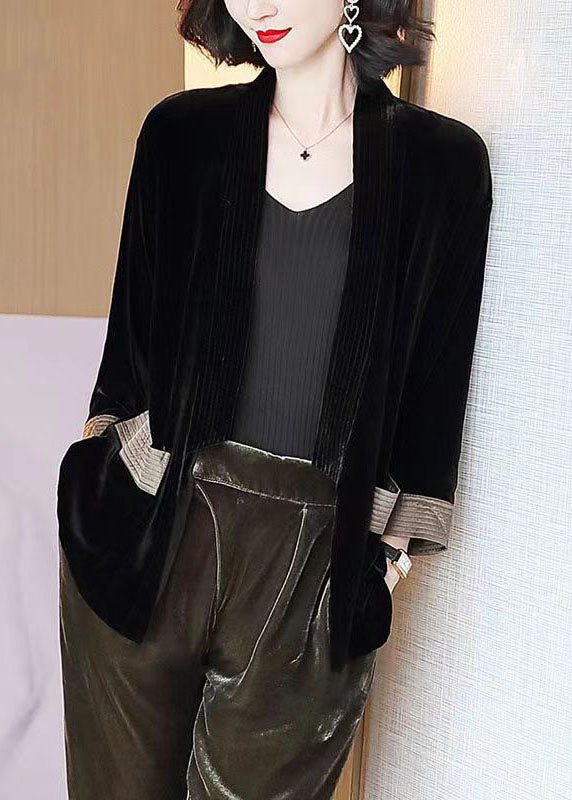 Loose Black V-Neck Pockets Patchwork Silk Velour Cardigans Bracelet Sleeve TF1038 - fabuloryshop