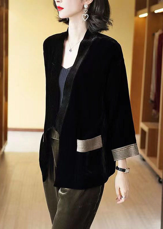 Loose Black V-Neck Pockets Patchwork Silk Velour Cardigans Bracelet Sleeve TF1038 - fabuloryshop