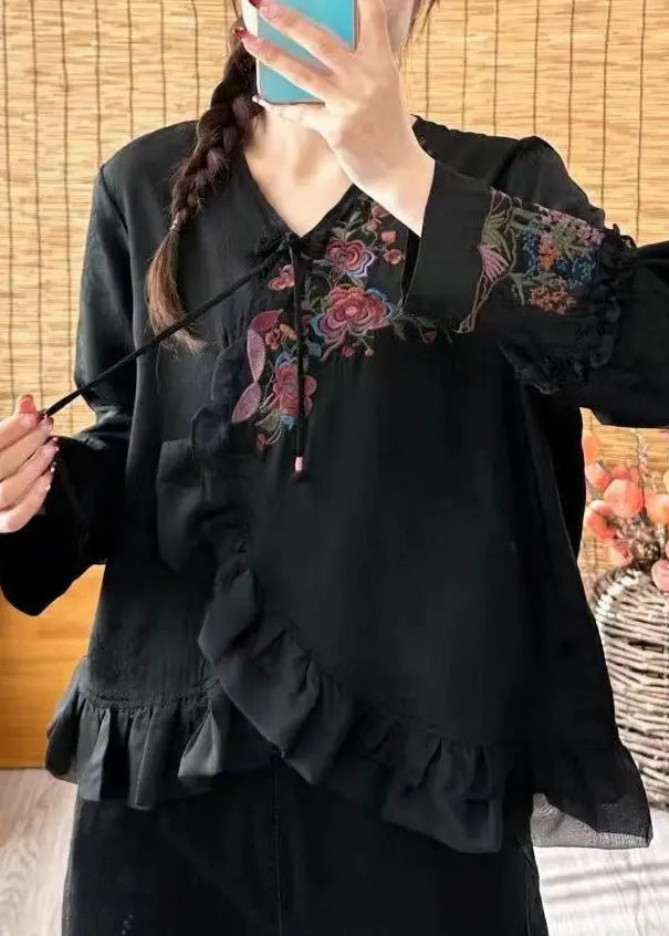 Loose Black V Neck Ruffled Embroideried Floral Button Shirt Long Sleeve Ada Fashion