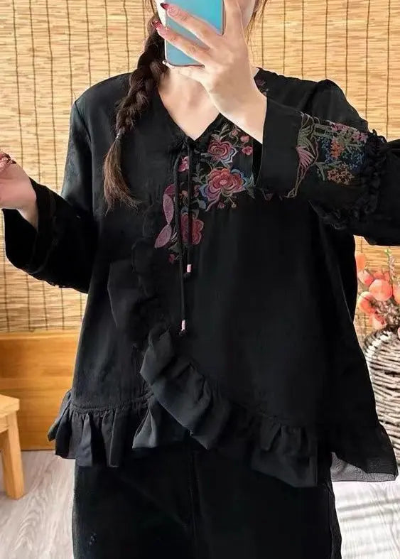 Loose Black V Neck Ruffled Embroideried Floral Button Shirt Long Sleeve Ada Fashion