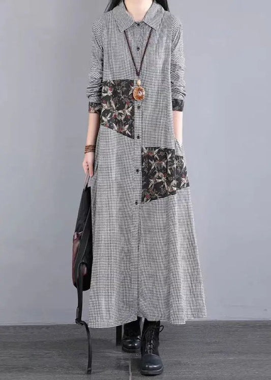 Loose Black White Plaid Peter Pan Collar Patchwork Cotton Long Dress Fall Ada Fashion