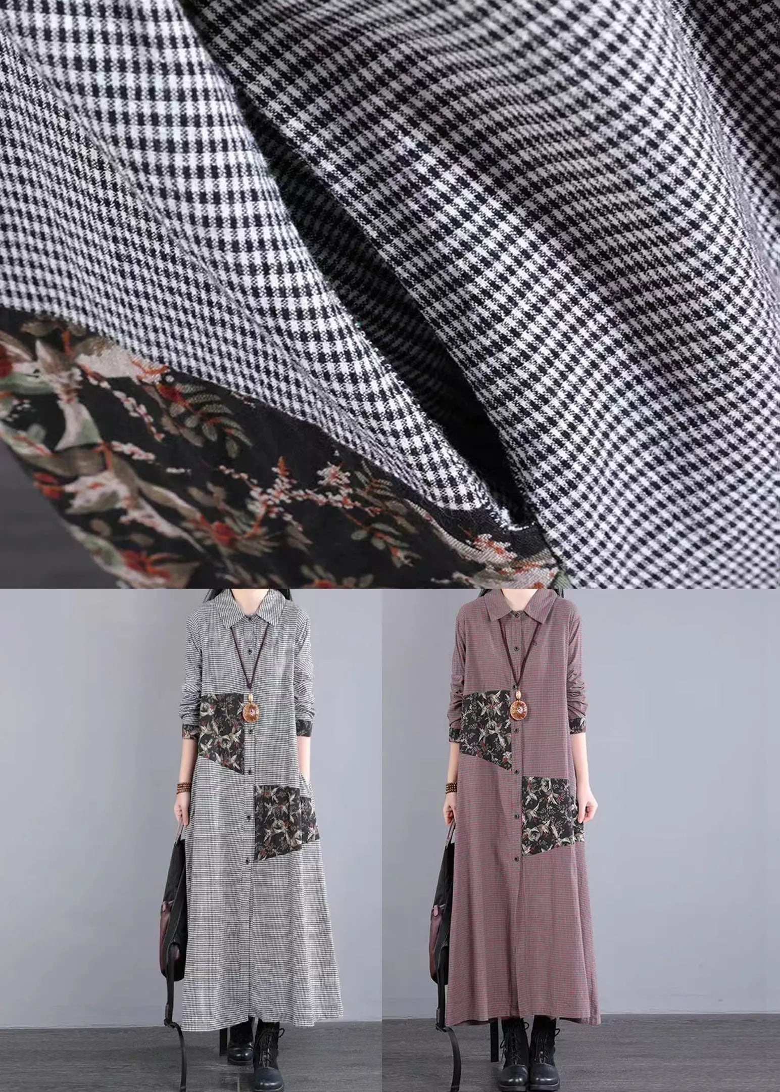 Loose Black White Plaid Peter Pan Collar Patchwork Cotton Long Dress Fall Ada Fashion