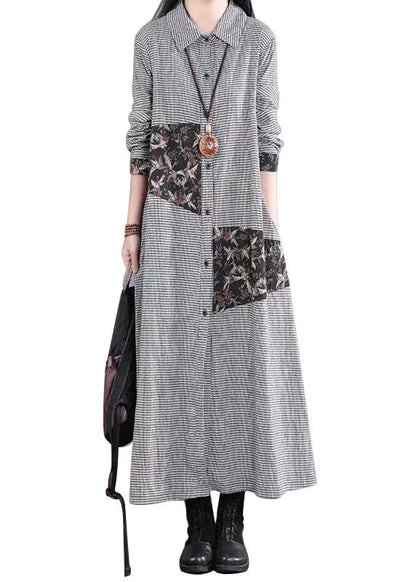 Loose Black White Plaid Peter Pan Collar Patchwork Cotton Long Dress Fall Ada Fashion