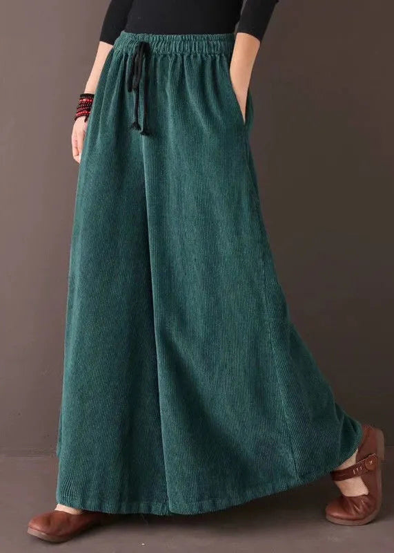 Loose Blackish Green Pockets Patchwork Corduroy Wide Leg Pants Fall Ada Fashion