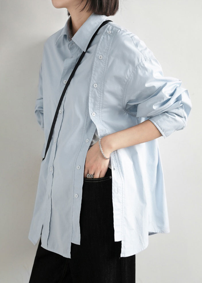 Loose Blue Patchwork Cotton Shirt Top