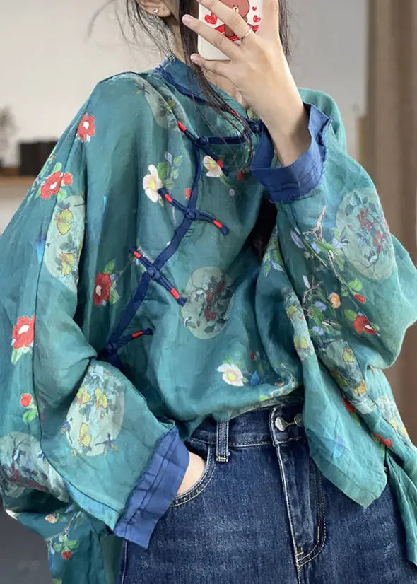 Loose Blue Button Print Patchwork Cotton Shirts Long Sleeve Ada Fashion