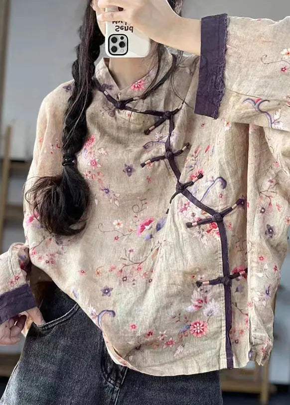 Loose Blue Button Print Patchwork Cotton Shirts Long Sleeve Ada Fashion