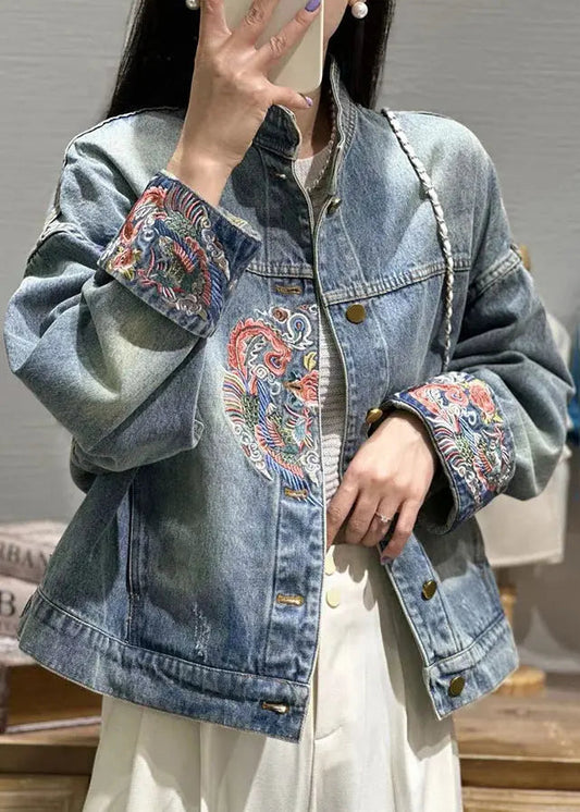 Loose Blue Embroideried Button Patchwork Denim Coat Fall Ada Fashion