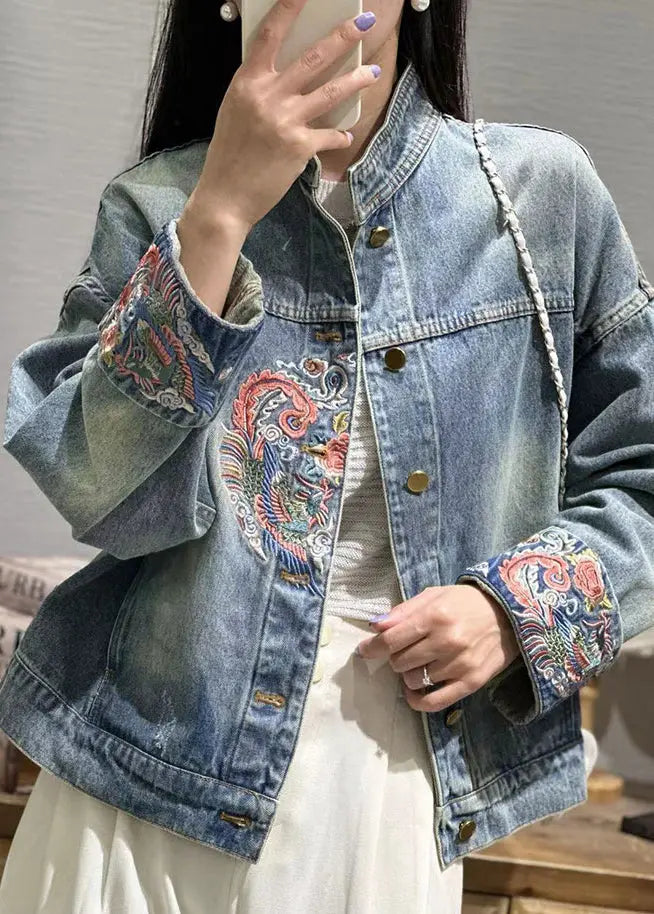 Loose Blue Embroideried Button Patchwork Denim Coat Fall Ada Fashion