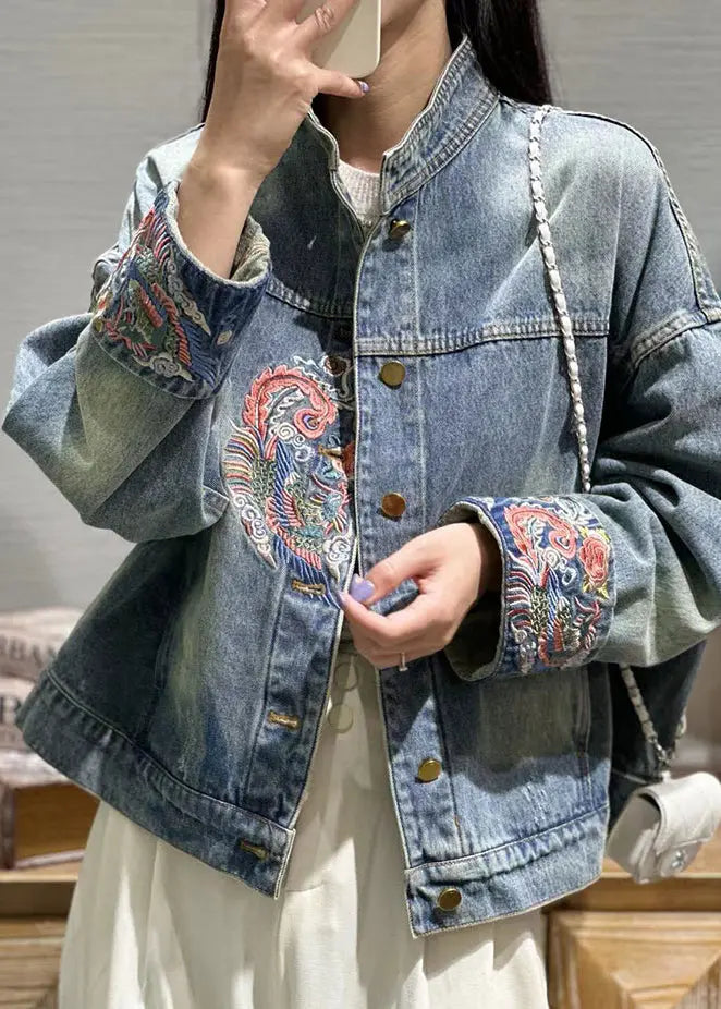 Loose Blue Embroideried Button Patchwork Denim Coat Fall Ada Fashion