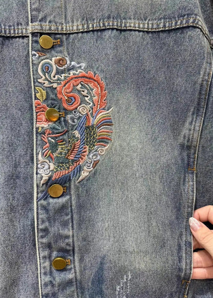 Loose Blue Embroideried Button Patchwork Denim Coat Fall Ada Fashion