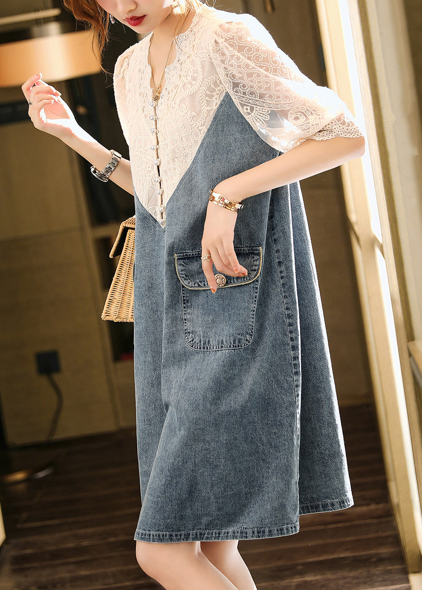 Loose Blue Embroideried Lace Patchwork Dress Half Sleeve Ada Fashion