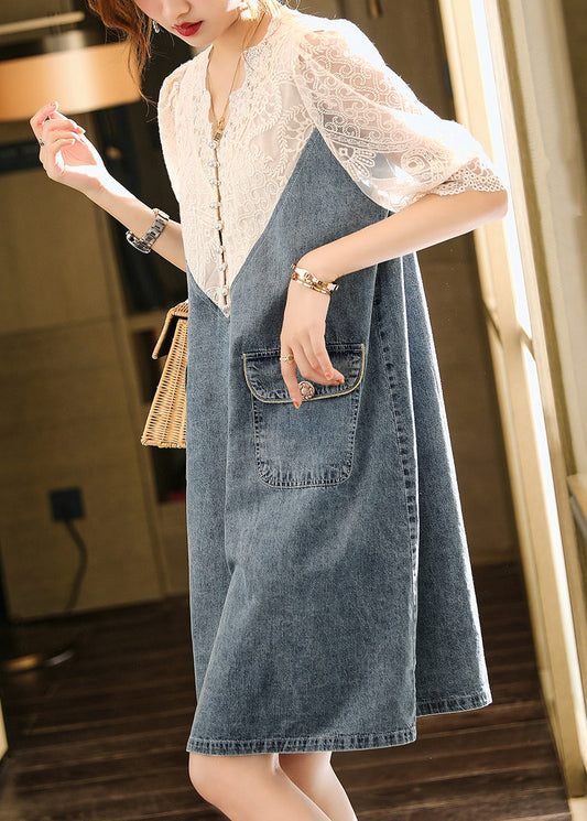 Loose Blue Embroideried Lace Patchwork Dress Half Sleeve Ada Fashion