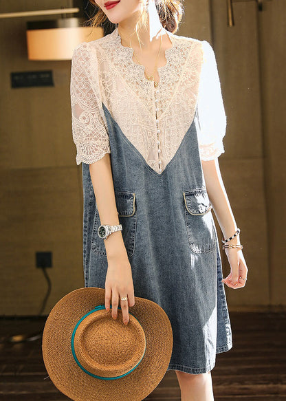 Loose Blue Embroideried Lace Patchwork Dress Half Sleeve Ada Fashion