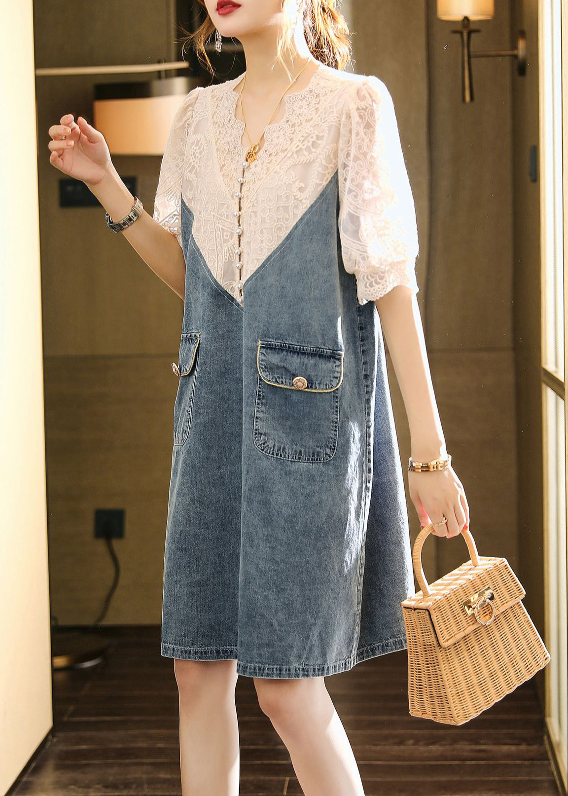 Loose Blue Embroideried Lace Patchwork Dress Half Sleeve Ada Fashion