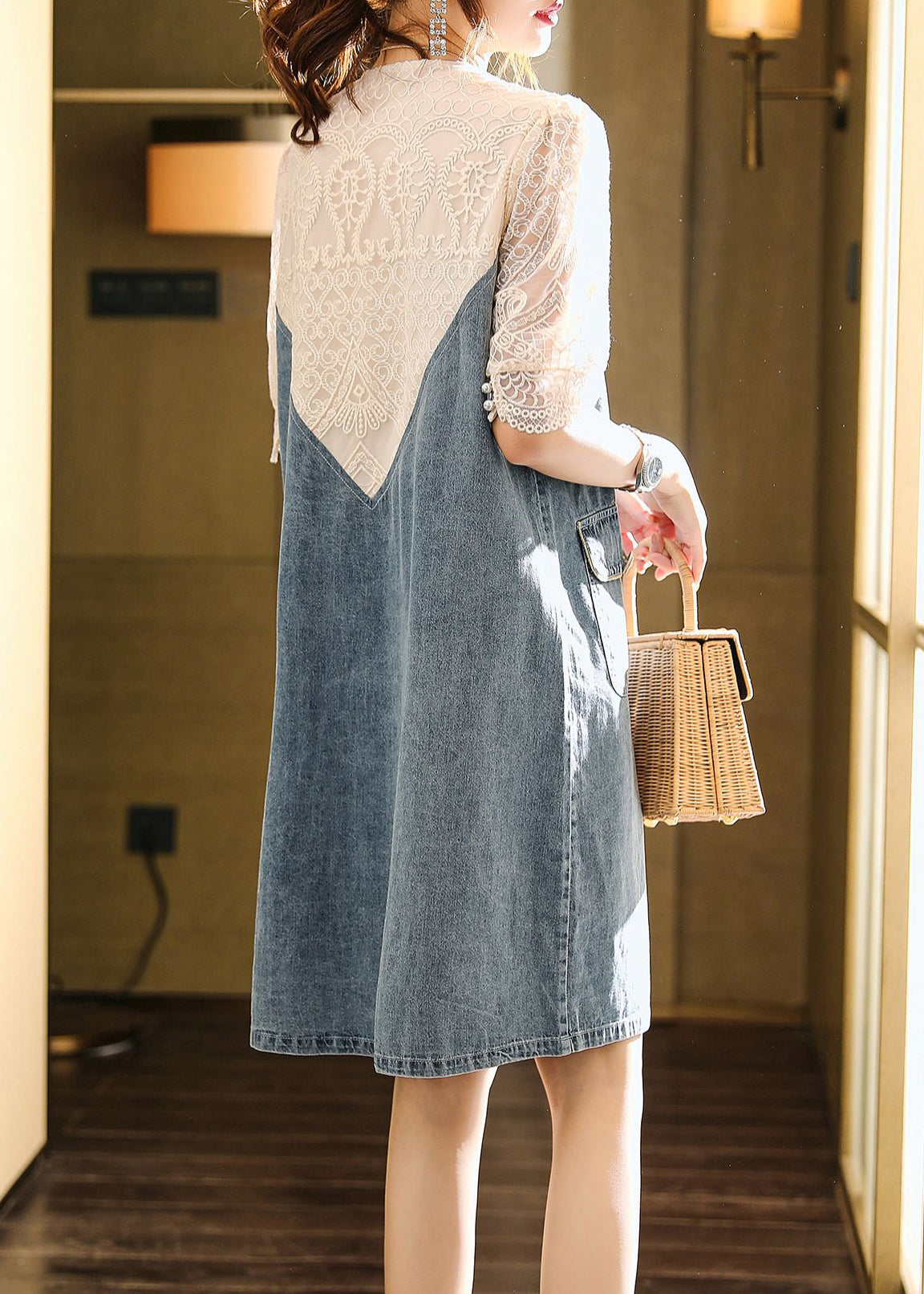 Loose Blue Embroideried Lace Patchwork Dress Half Sleeve Ada Fashion