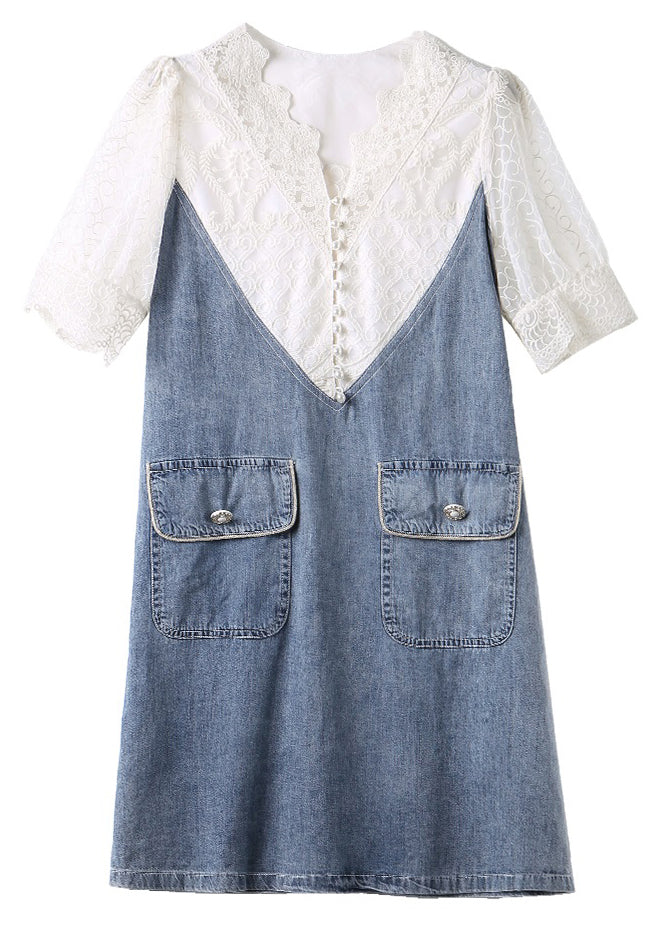 Loose Blue Embroideried Lace Patchwork Dress Half Sleeve Ada Fashion