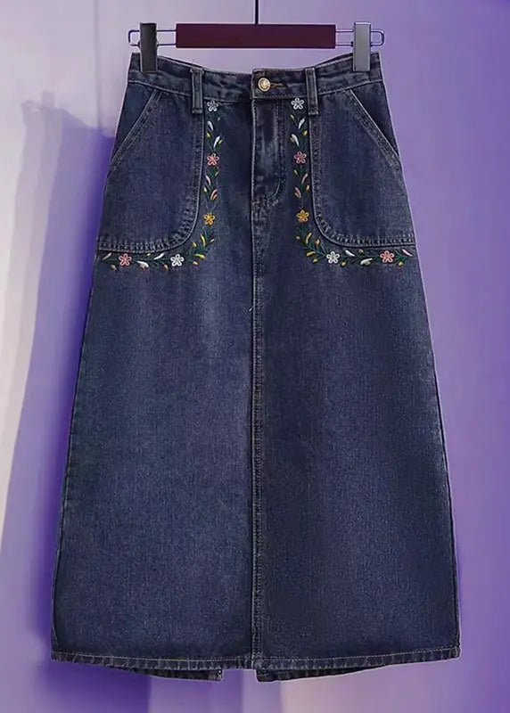 Loose Blue Embroideried Pockets Patchwork Denim Skirt Summer Ada Fashion