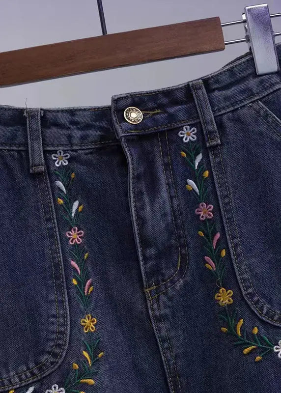 Loose Blue Embroideried Pockets Patchwork Denim Skirt Summer Ada Fashion