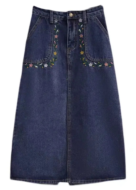 Loose Blue Embroideried Pockets Patchwork Denim Skirt Summer Ada Fashion