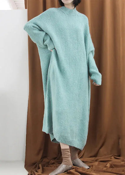 Loose Blue Green Turtleneck Cozy Cotton Knit Long Dress Fall Ada Fashion