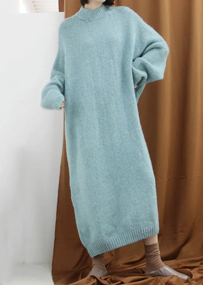 Loose Blue Green Turtleneck Cozy Cotton Knit Long Dress Fall Ada Fashion