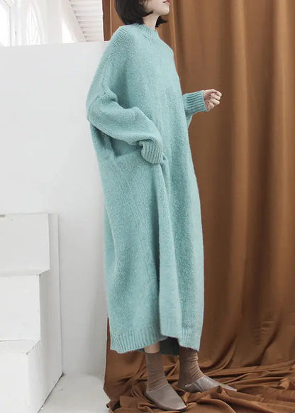 Loose Blue Green Turtleneck Cozy Cotton Knit Long Dress Fall Ada Fashion