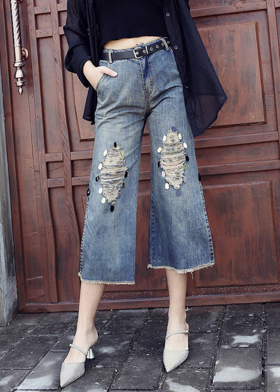 Jean court déchiré bleu ample à taille haute avec patchwork de paillettes LY7944