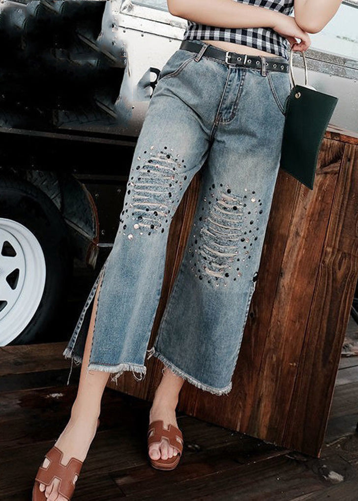 Jean court déchiré bleu ample à taille haute avec patchwork de paillettes LY7944