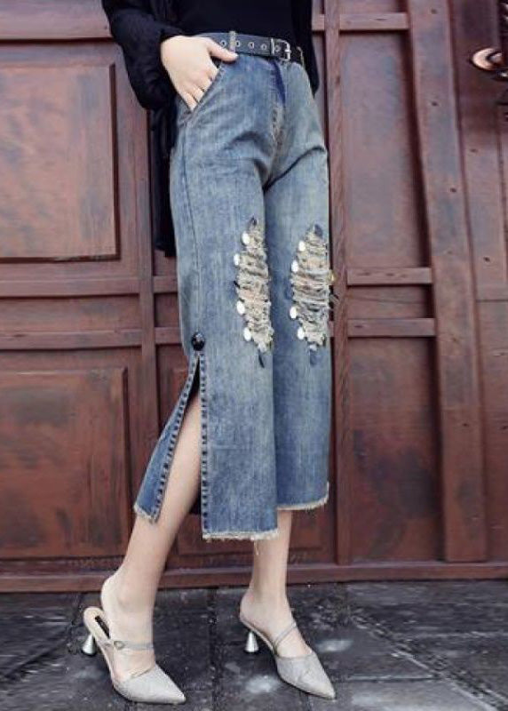 Loose Blue High Waist Sequins Patchwork Crop Ripped Jeans TY1043