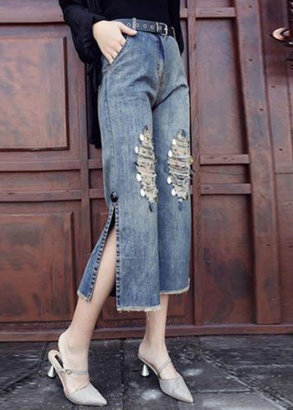 Jean court déchiré bleu ample à taille haute avec patchwork de paillettes LY7944