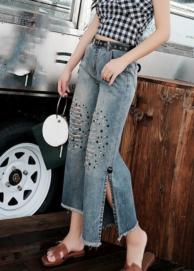 Jean court déchiré bleu ample à taille haute avec patchwork de paillettes LY7944