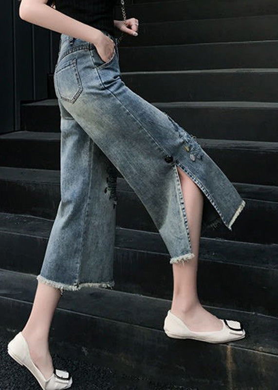 Jean court déchiré bleu ample à taille haute avec patchwork de paillettes LY7944