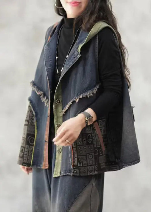 Loose Blue Hooded Button Patchwork Denim Waistcoat Sleeveless Ada Fashion