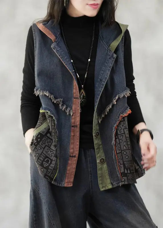 Loose Blue Hooded Button Patchwork Denim Waistcoat Sleeveless Ada Fashion