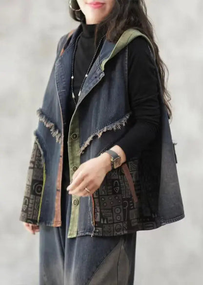 Loose Blue Hooded Button Patchwork Denim Waistcoat Sleeveless Ada Fashion