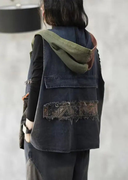 Loose Blue Hooded Button Patchwork Denim Waistcoat Sleeveless Ada Fashion