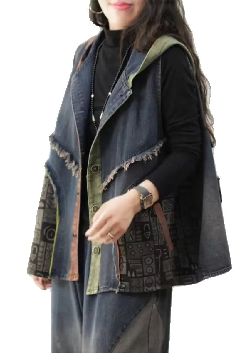 Loose Blue Hooded Button Patchwork Denim Waistcoat Sleeveless Ada Fashion