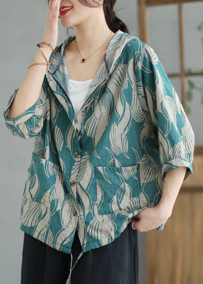 Loose Blue Hooded Print Drawstring Cotton Coats Summer Ada Fashion