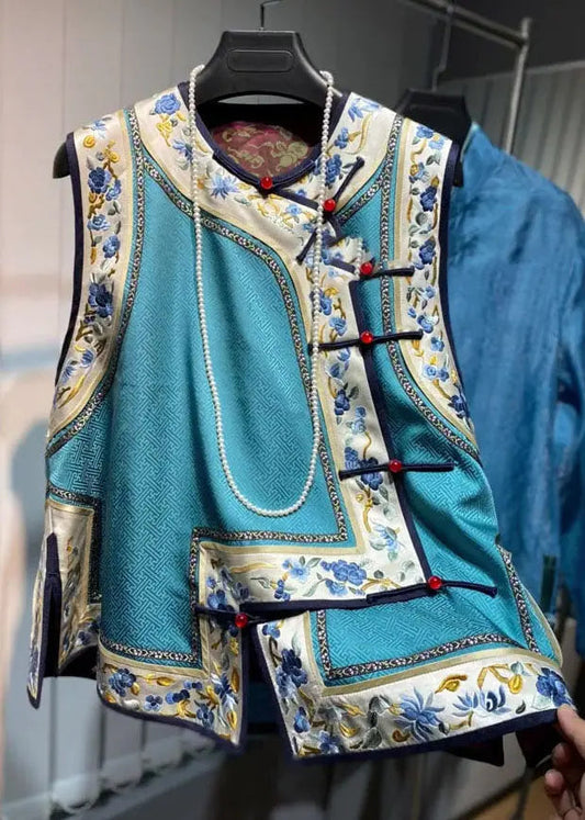 Loose Blue O-Neck Embroideried Floral Patchwork Silk Waistcoat Fall Ada Fashion