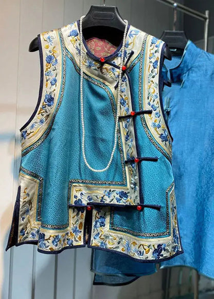 Loose Blue O-Neck Embroideried Floral Patchwork Silk Waistcoat Fall Ada Fashion